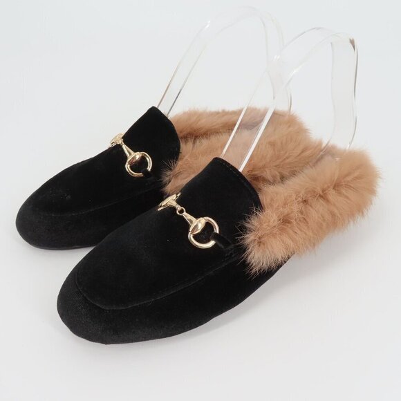 Womens 39 Black Velvet Gold Metal Horse Bit Brown Rabbit Fur Slide Shoes Slipper - Picture 10 of 11